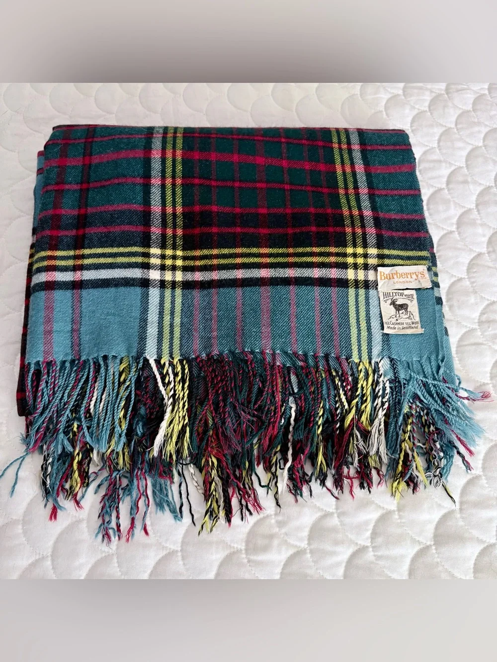 VTG Burberrys Cashmere/Wool 70/30% Blanket Throw Blue Plaid Scotland Flaws As Is
